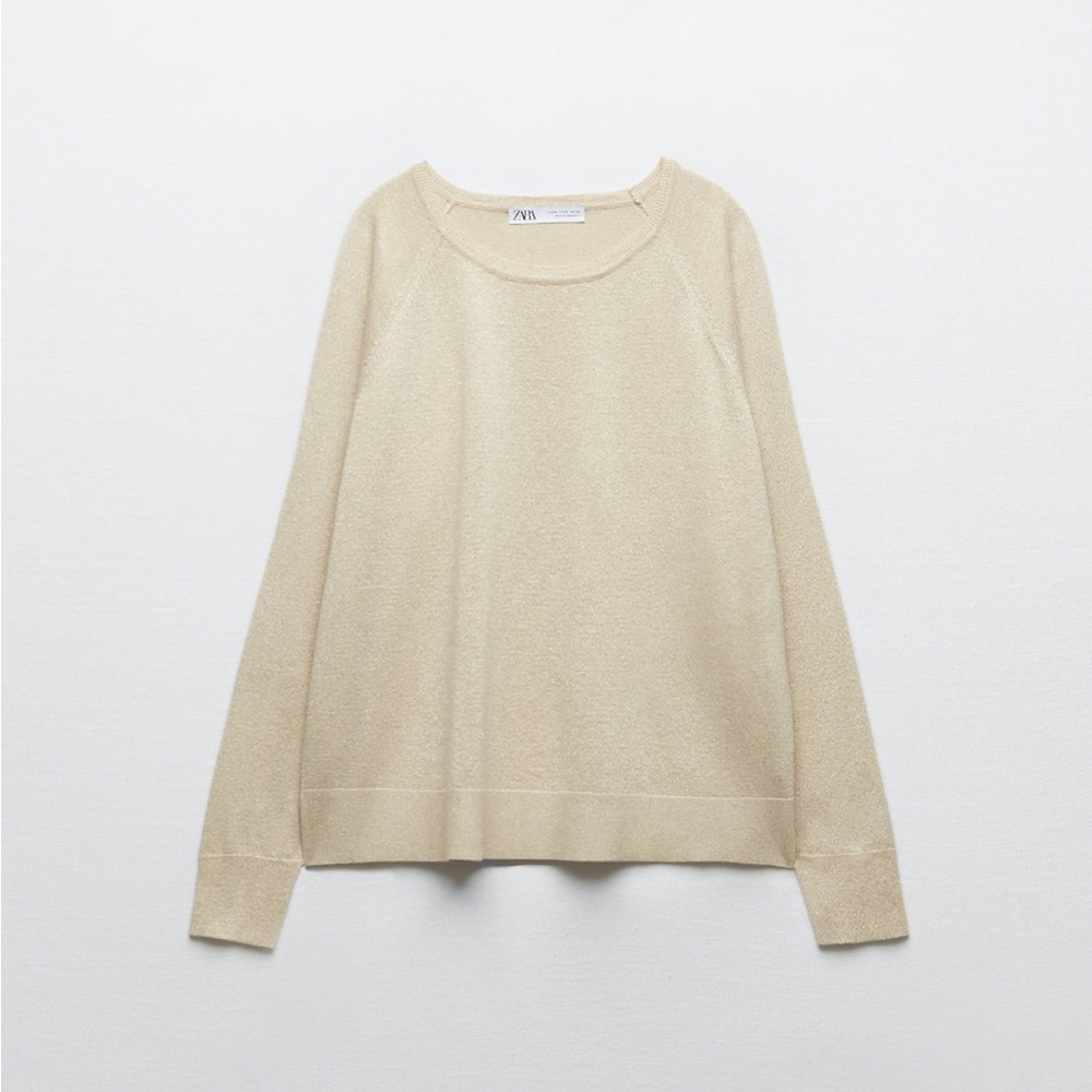 Zara Cream Crew Neck Sweater with Long Sleeves
